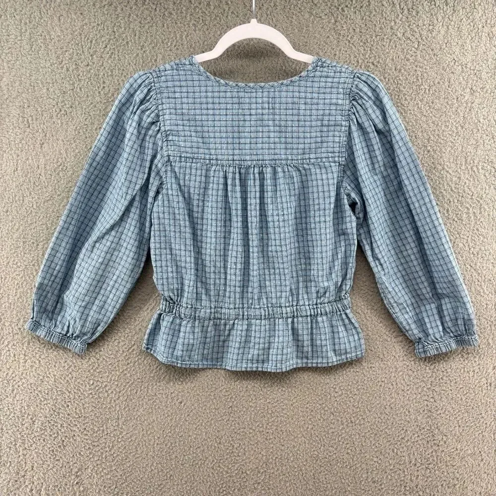 Madewell Chambray Puff-Sleeve Peplum Top in Windowpane Blue – Size S Style NE213